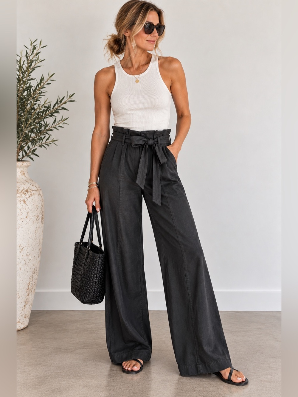 Level 99 NWT tencel women’s Blk Paperbag Waist Wide Leg Pants w/Self-Tie Sz 27